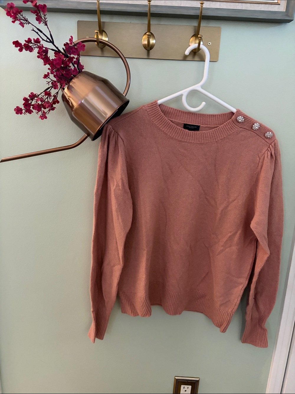 Ann Taylor Dusty Rose Button-Shoulder Crewneck Sweater